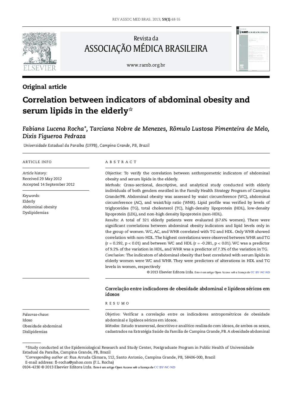 عکس صفحه اول مقاله: Correlation between indicators of abdominal obesity and serum lipids in the elderly * Correlation between indicators of abdominal obesity and serum lipids in the elderly *