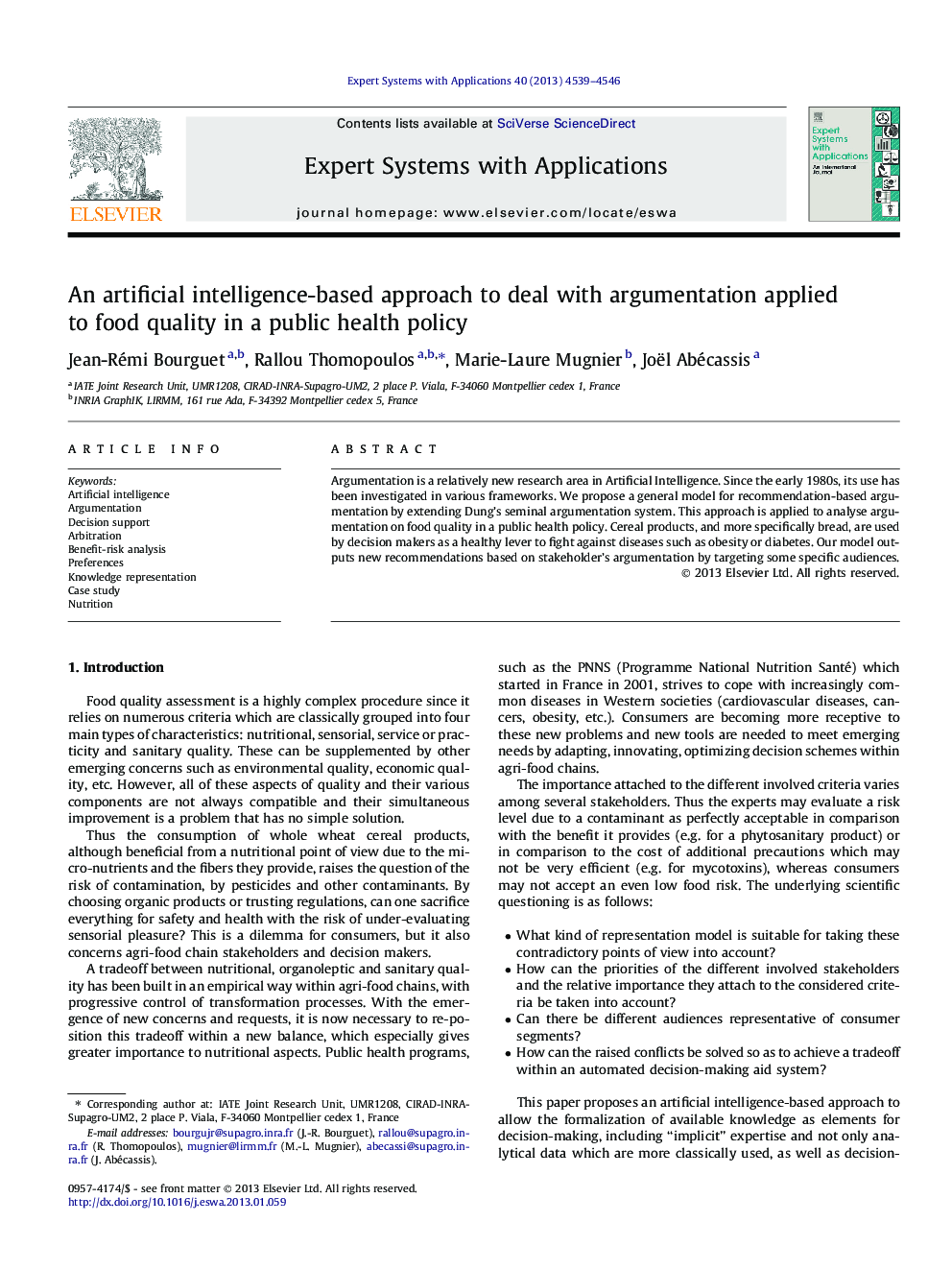 An artificial intelligence-based approach to deal with argumentation applied to food quality in a public health policy