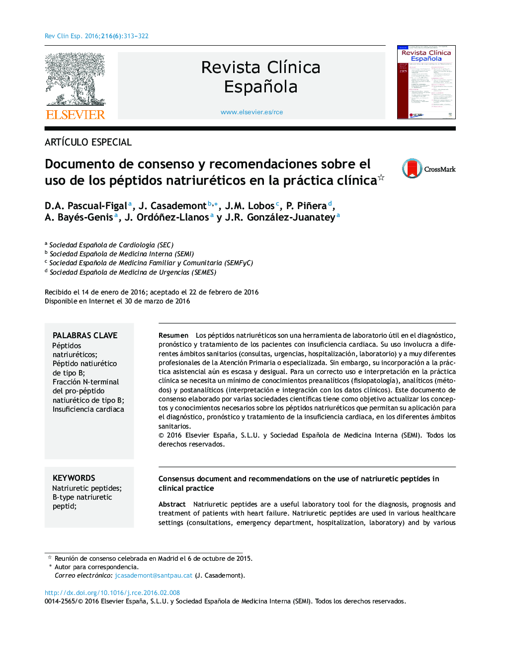 Documento de consenso y recomendaciones sobre el uso de los péptidos natriuréticos en la práctica clínica 