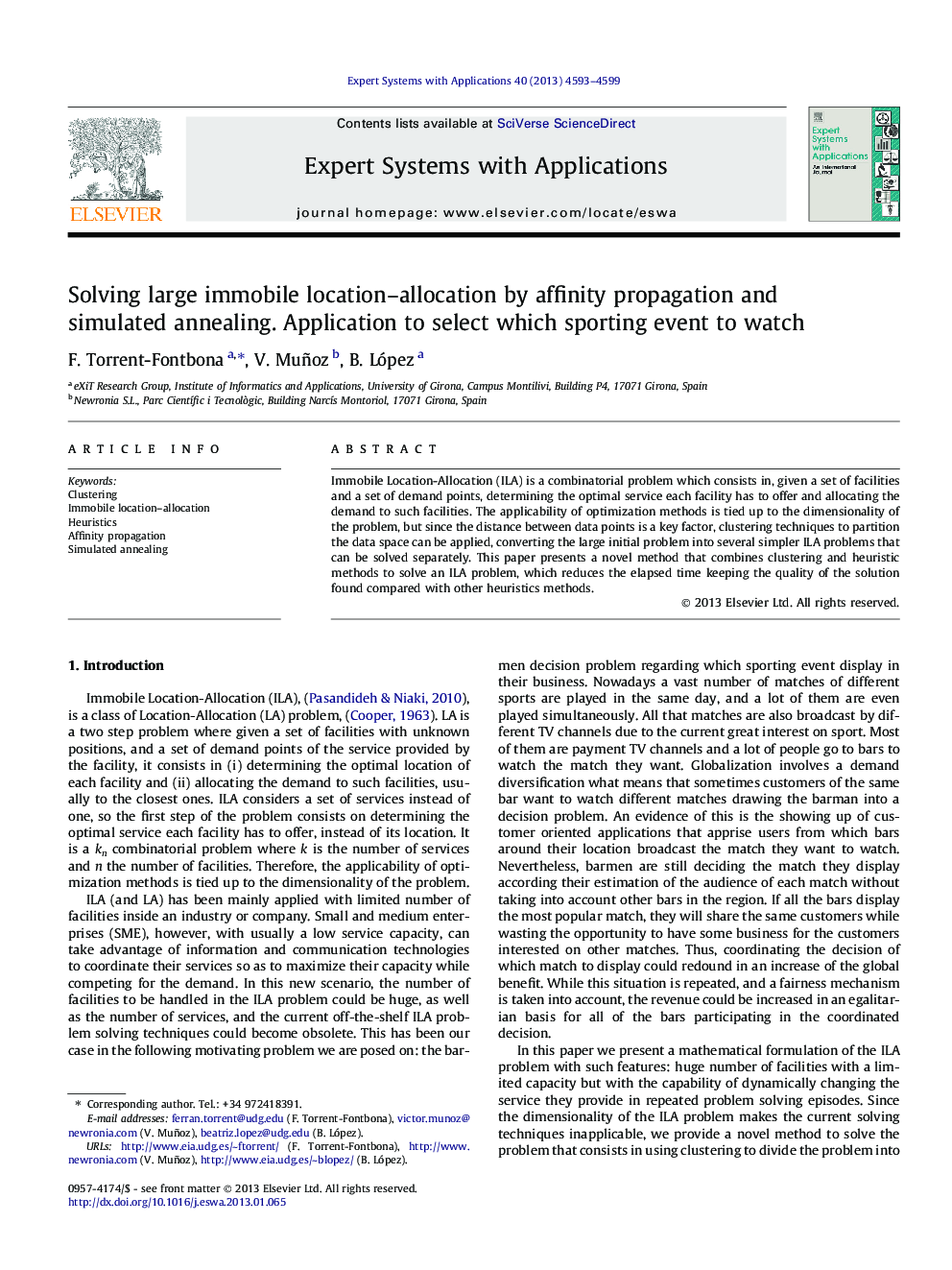 Solving large immobile location–allocation by affinity propagation and simulated annealing. Application to select which sporting event to watch