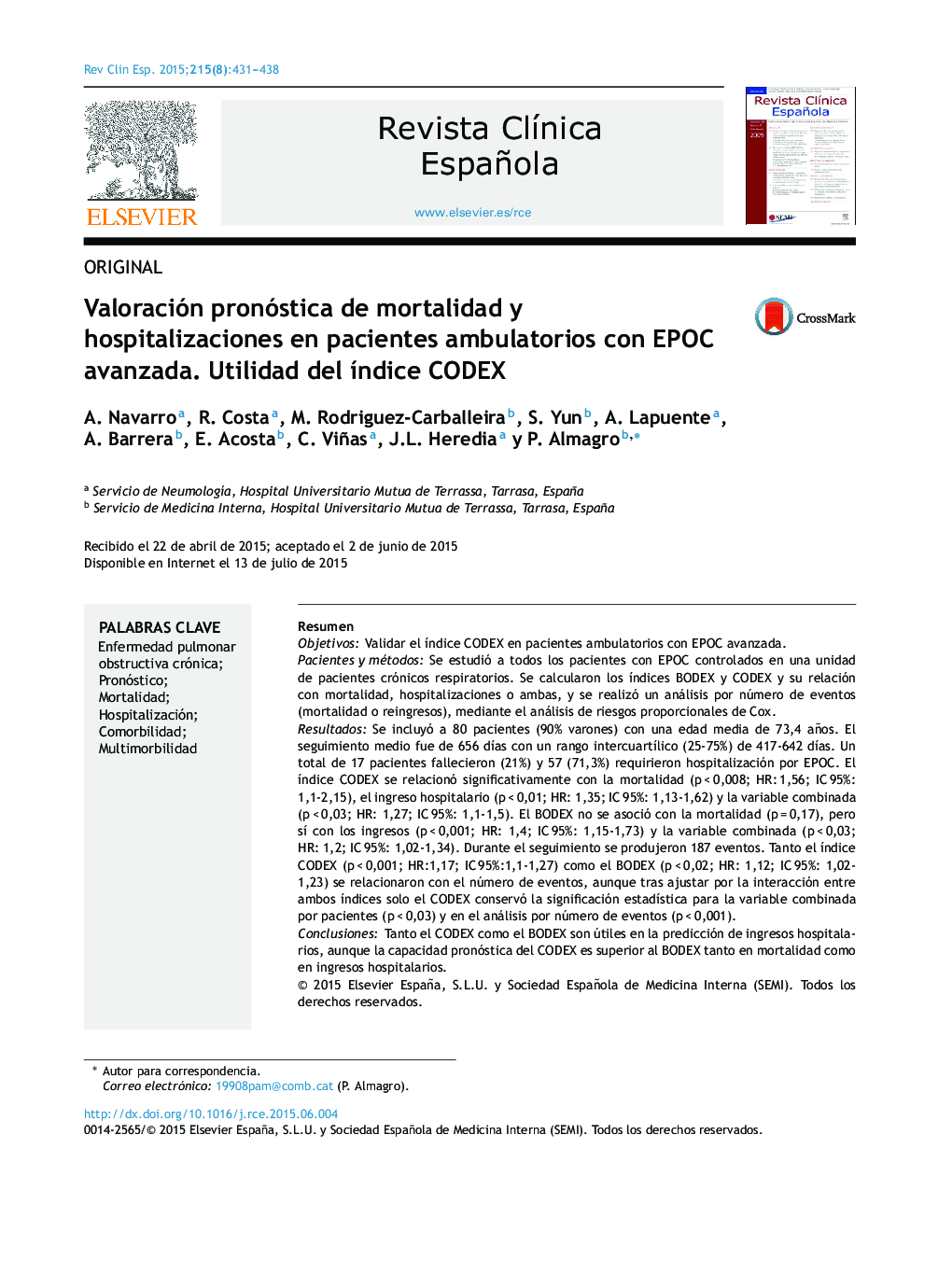 Valoración pronóstica de mortalidad y hospitalizaciones en pacientes ambulatorios con EPOC avanzada. Utilidad del índice CODEX