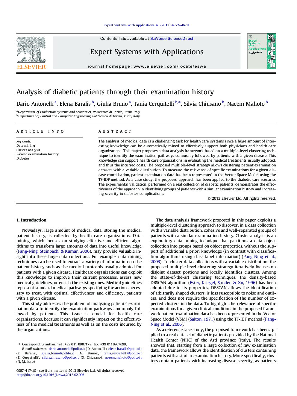 Analysis of diabetic patients through their examination history