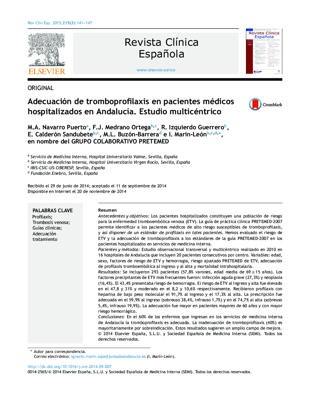 Adecuación de tromboprofilaxis en pacientes médicos hospitalizados en AndalucÃ­a. Estudio multicéntrico