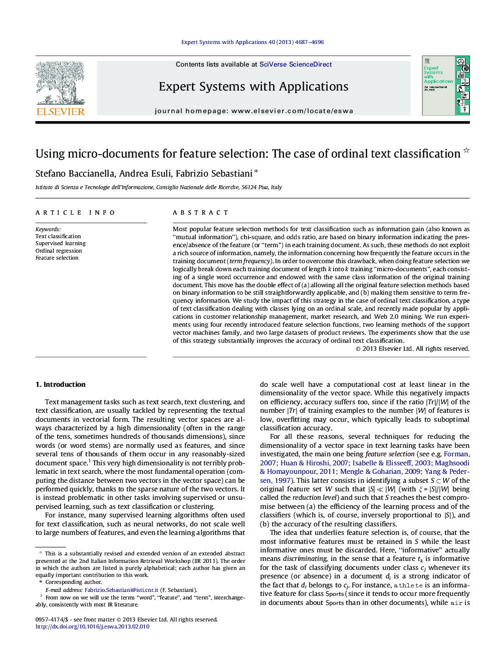 Using micro-documents for feature selection: The case of ordinal text classification 