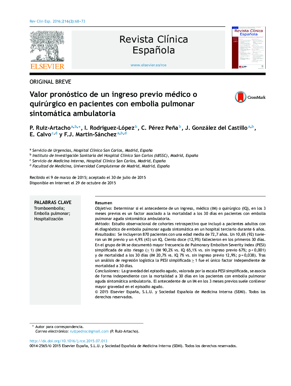 Valor pronóstico de un ingreso previo médico o quirúrgico en pacientes con embolia pulmonar sintomática ambulatoria