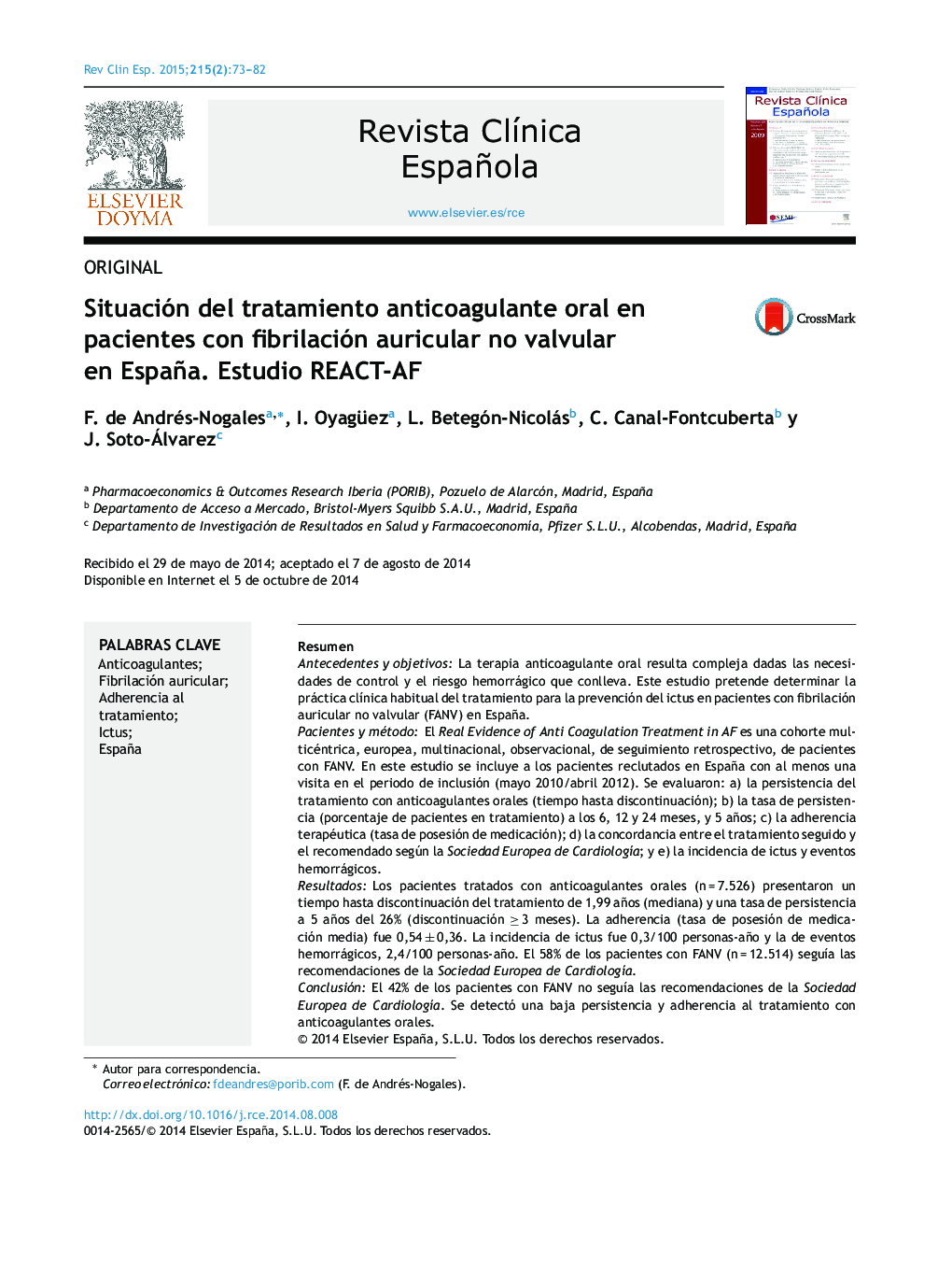 Situación del tratamiento anticoagulante oral en pacientes con fibrilación auricular no valvular en España. Estudio REACT-AF