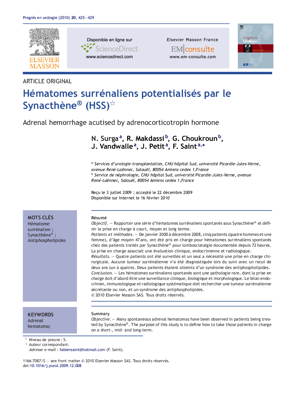 Hématomes surrénaliens potentialisés par le SynacthÃ¨ne® (HSS)