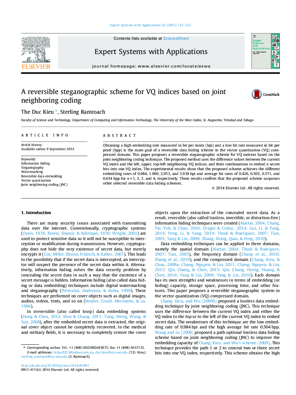 A reversible steganographic scheme for VQ indices based on joint neighboring coding