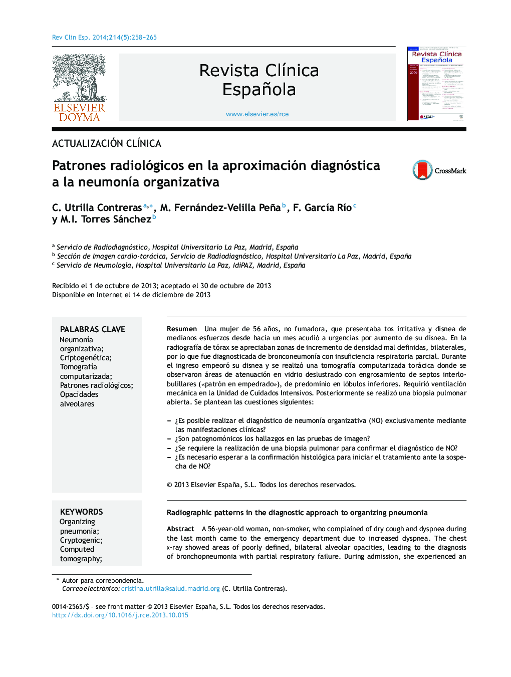 Patrones radiológicos en la aproximación diagnóstica a la neumonÃ­a organizativa
