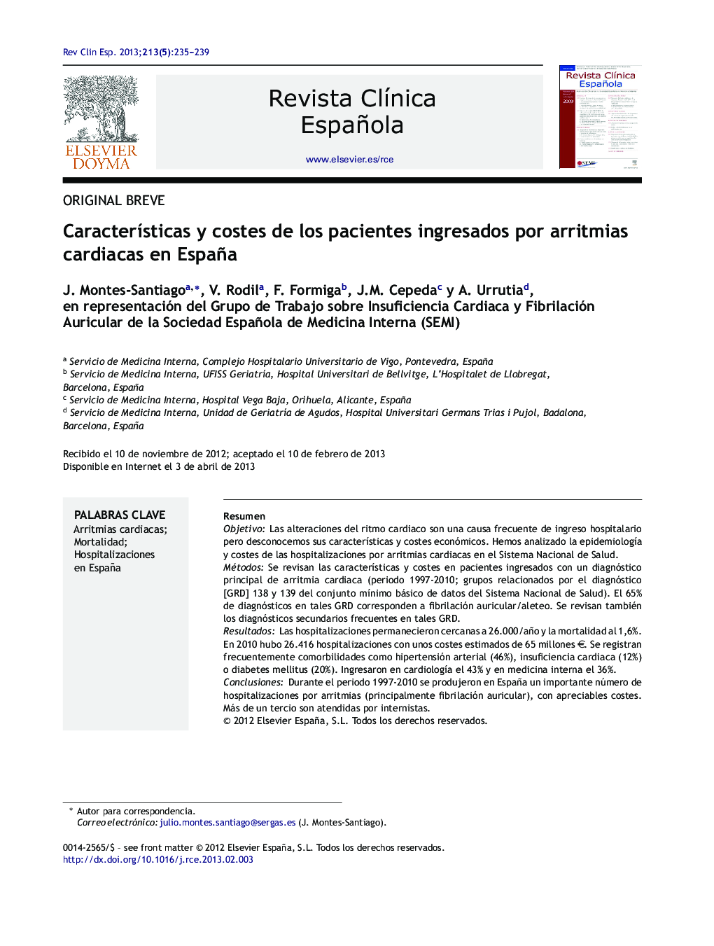 CaracterÃ­sticas y costes de los pacientes ingresados por arritmias cardiacas en España