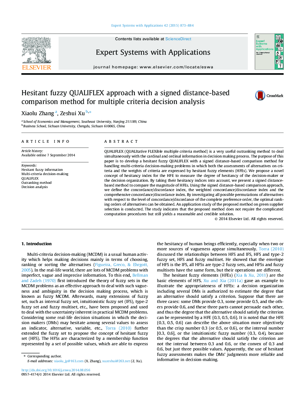 Hesitant fuzzy QUALIFLEX approach with a signed distance-based comparison method for multiple criteria decision analysis