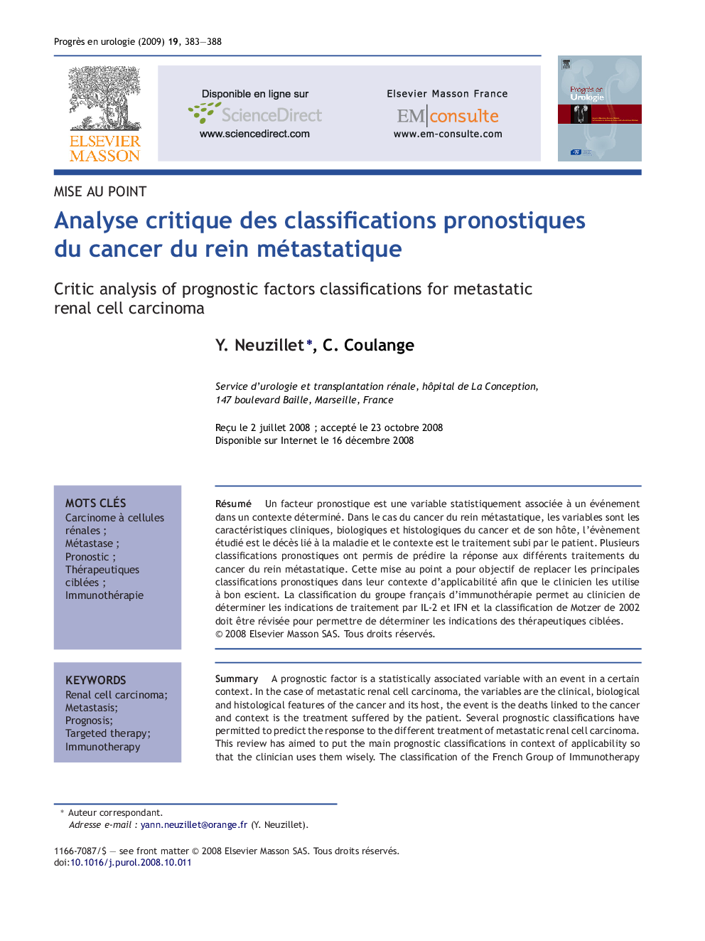 Analyse critique des classifications pronostiques du cancer du rein métastatique