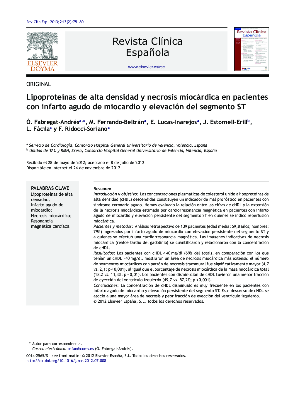 LipoproteÃ­nas de alta densidad y necrosis miocárdica en pacientes con infarto agudo de miocardio y elevación del segmento ST