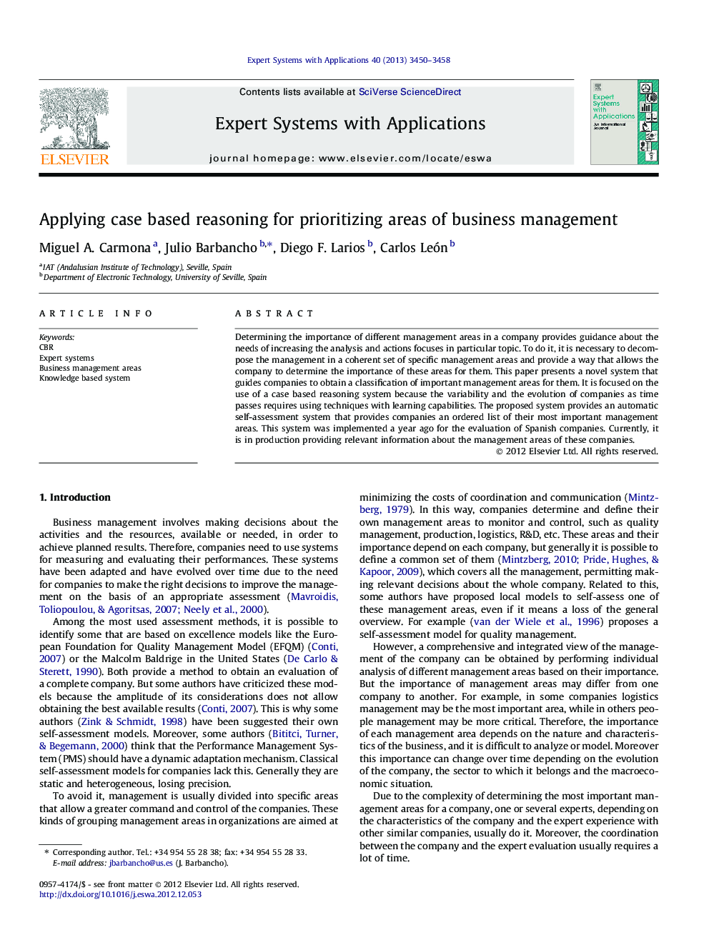 Applying case based reasoning for prioritizing areas of business management