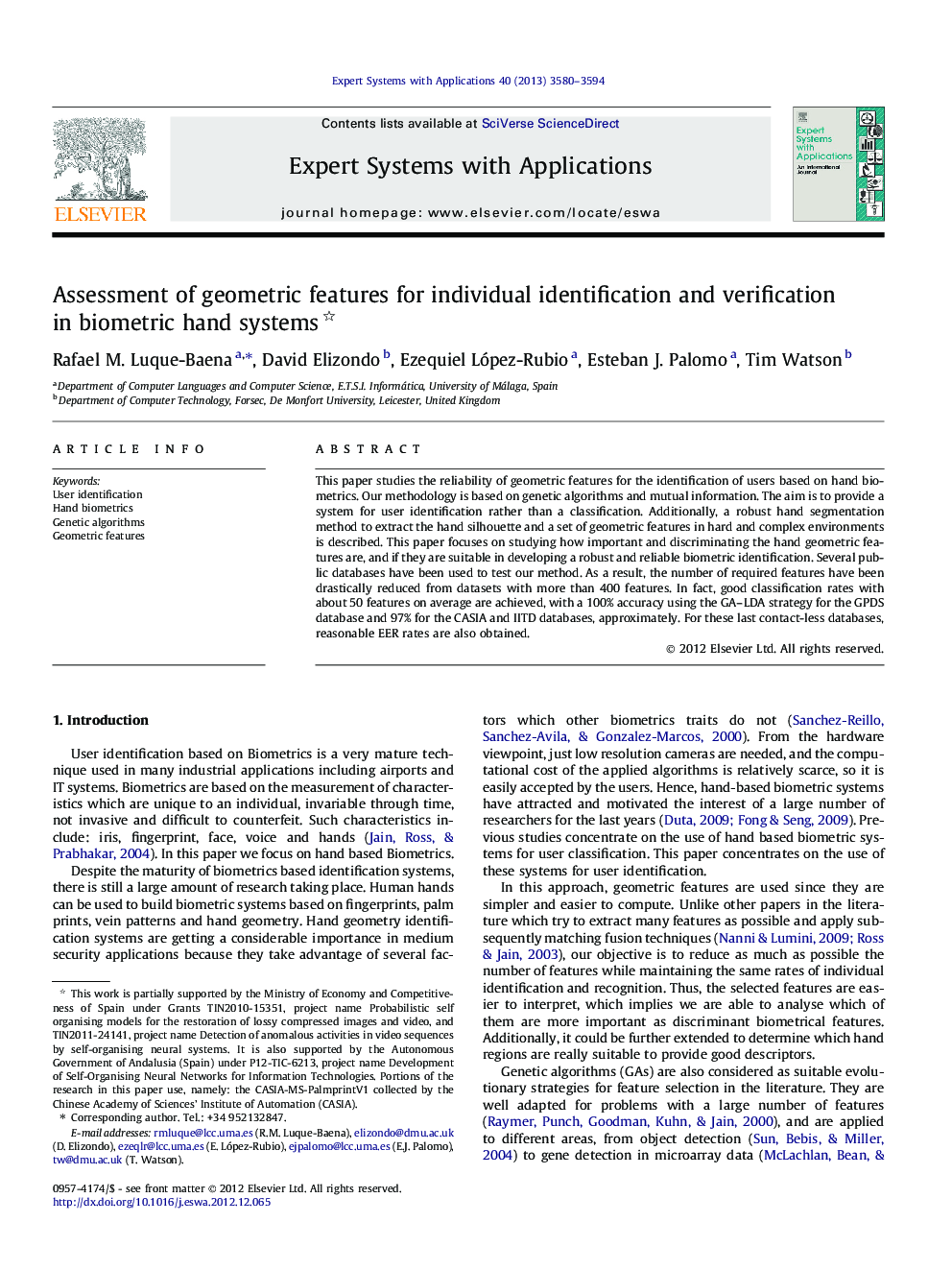 Assessment of geometric features for individual identification and verification in biometric hand systems 