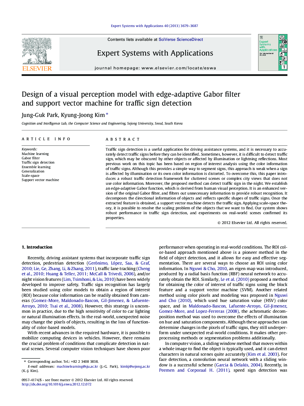 Design of a visual perception model with edge-adaptive Gabor filter and support vector machine for traffic sign detection