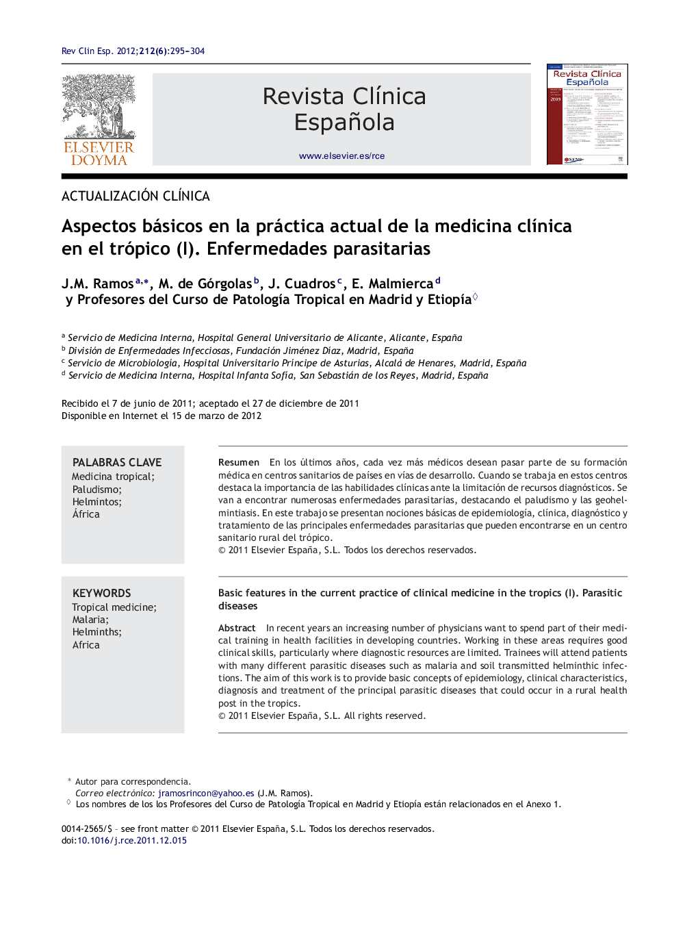 Aspectos básicos en la práctica actual de la medicina clínica en el trópico (I). Enfermedades parasitarias