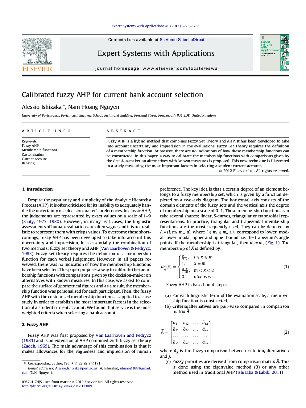 Calibrated fuzzy AHP for current bank account selection