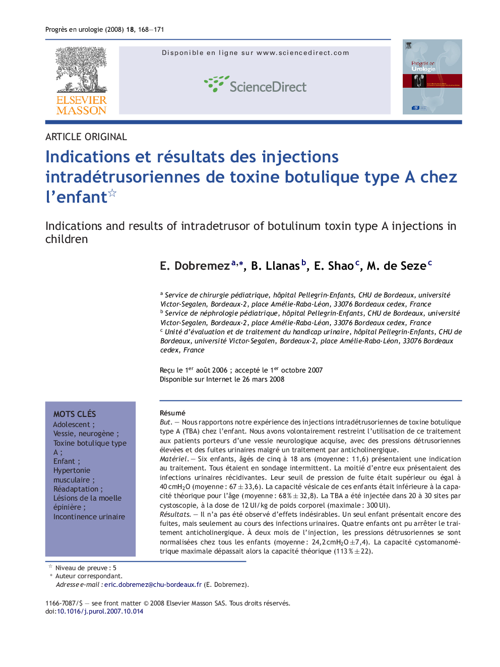 Indications et résultats des injections intradétrusoriennes de toxine botulique type A chez l'enfant