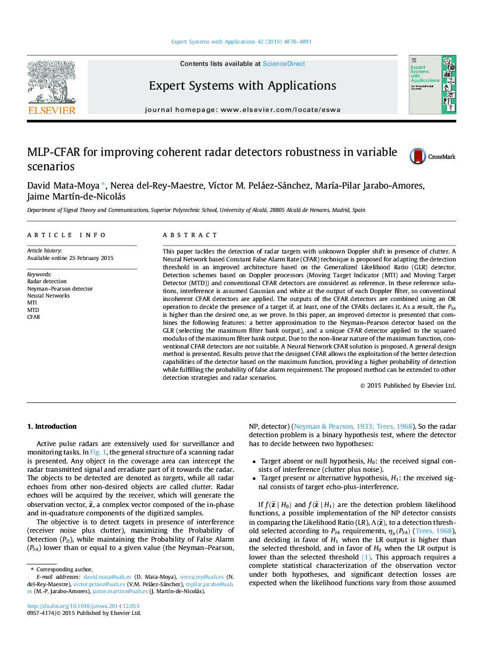 MLP-CFAR for improving coherent radar detectors robustness in variable scenarios