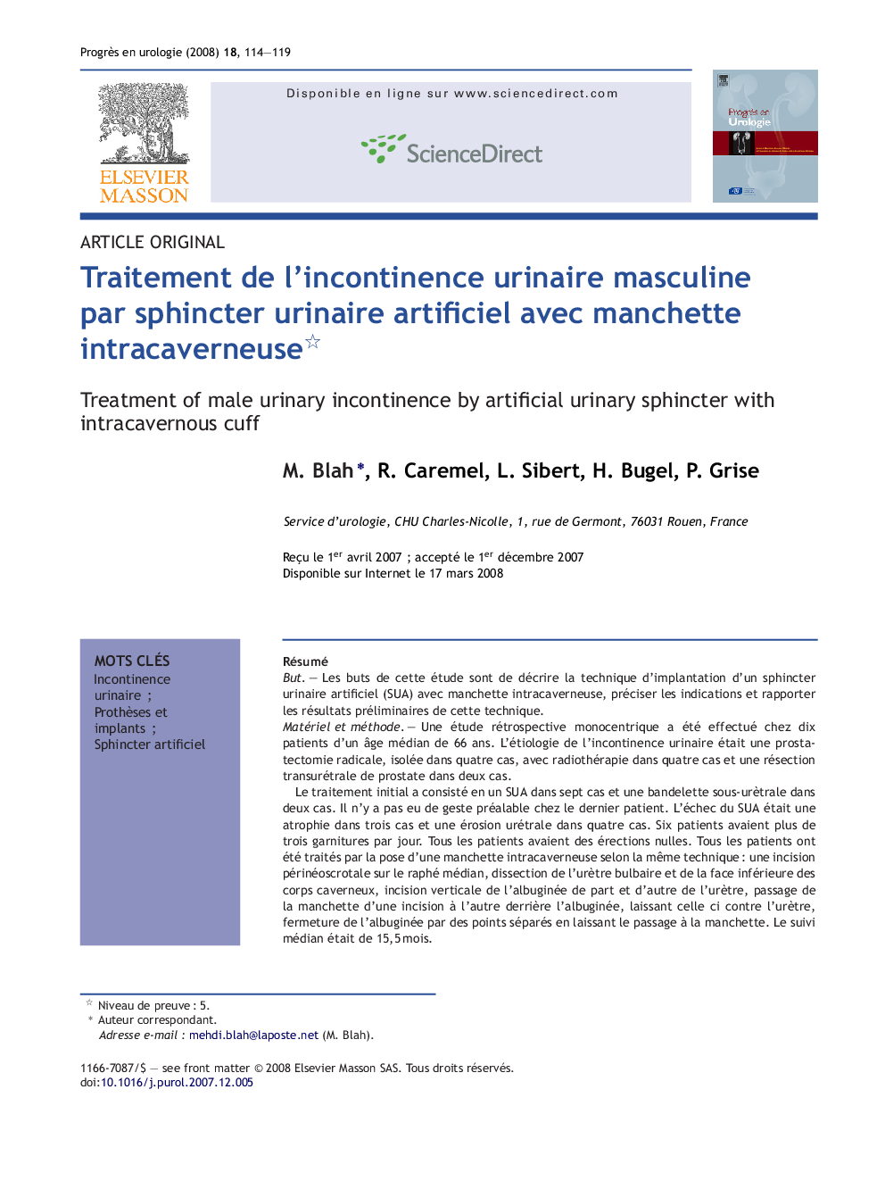 Traitement de l'incontinence urinaire masculine par sphincter urinaire artificiel avec manchette intracaverneuse