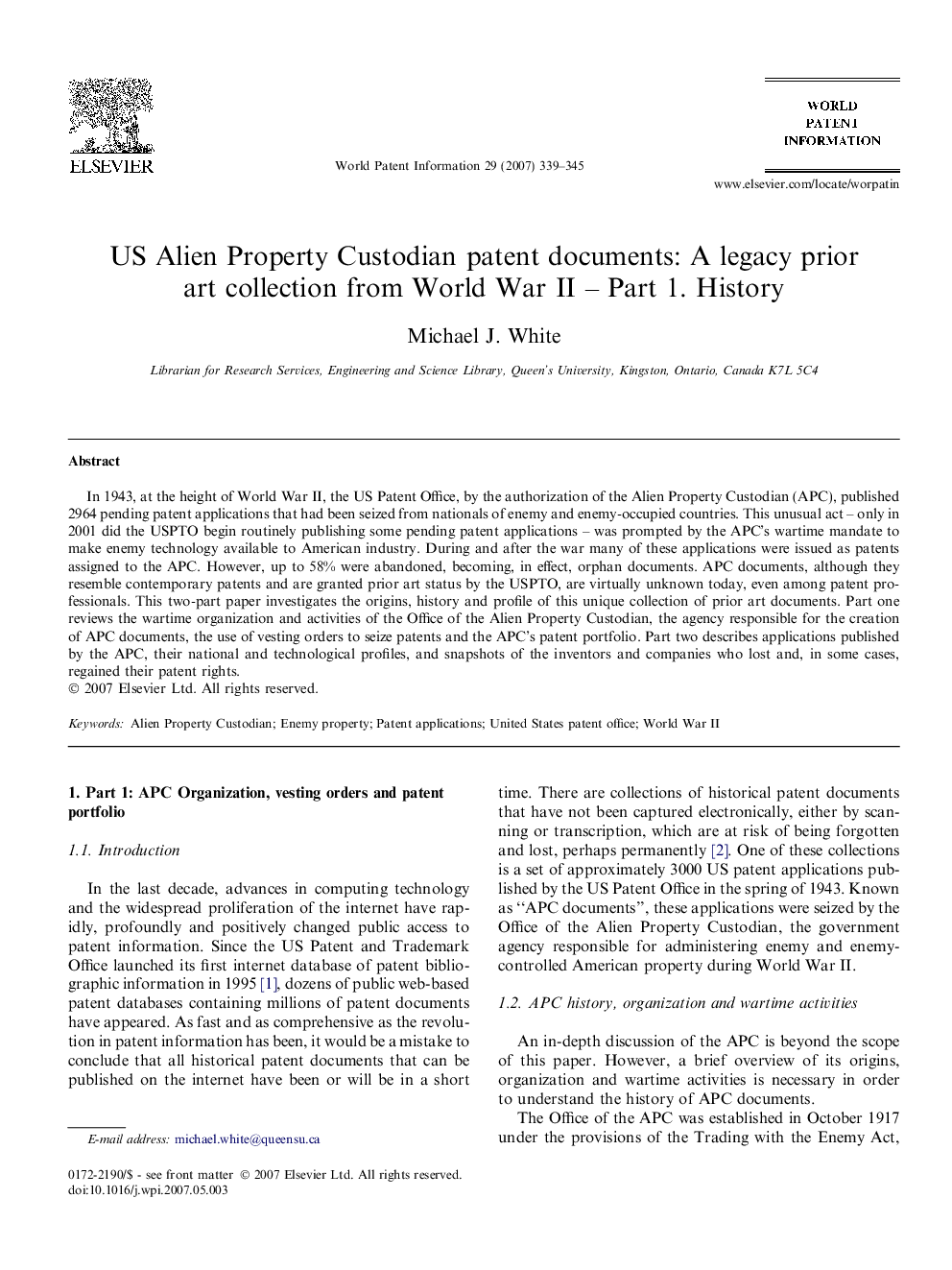 US Alien Property Custodian patent documents: A legacy prior art collection from World War II – Part 1. History