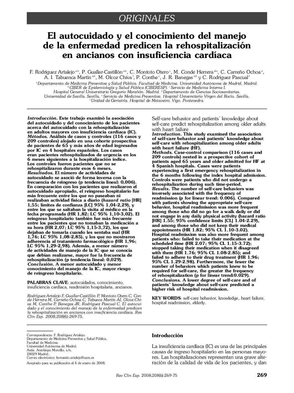 El autocuidado y el conocimiento del manejo de la enfermedad predicen la rehospitalización en ancianos con insuficiencia cardíaca 