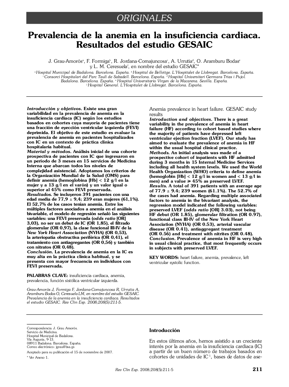 Prevalencia de la anemia en la insuficiencia cardiaca. Resultados del estudio GESAIC