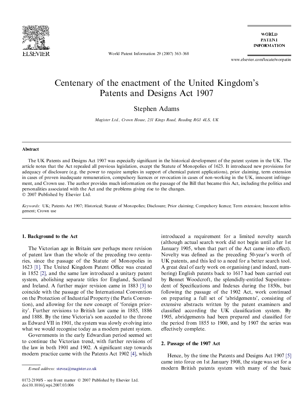 Centenary of the enactment of the United Kingdom’s Patents and Designs Act 1907