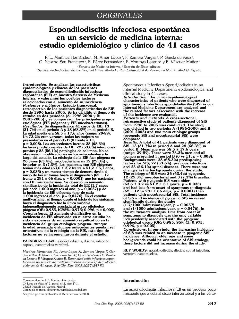 Espondilodiscitis infecciosa espontánea en un servicio de medicina interna: estudio epidemiológico y clÃ­nico de 41 casos