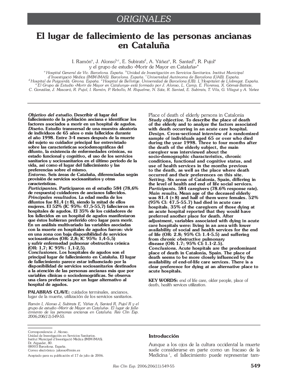 OriginalesEl lugar de fallecimiento de las personas ancianas en CataluñaPlace of death of elderly persons in Catalonia