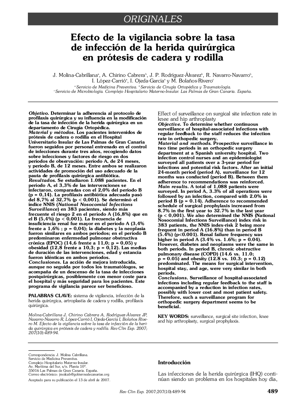 Efecto de la vigilancia sobre la tasa de infección de la herida quirúrgica en prótesis de cadera y rodilla