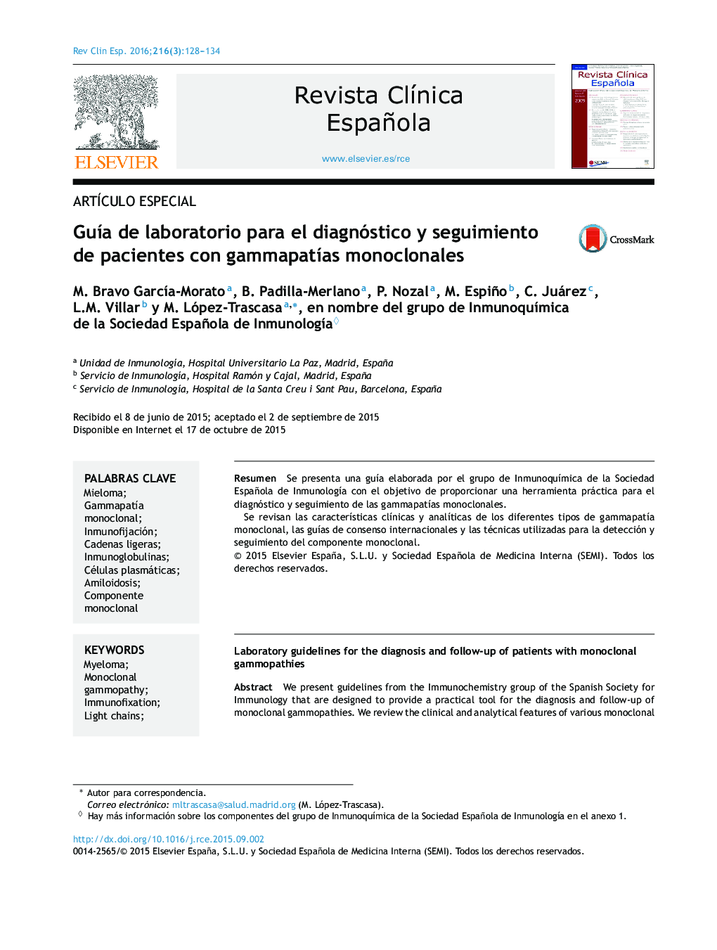 Guía de laboratorio para el diagnóstico y seguimiento de pacientes con gammapatías monoclonales