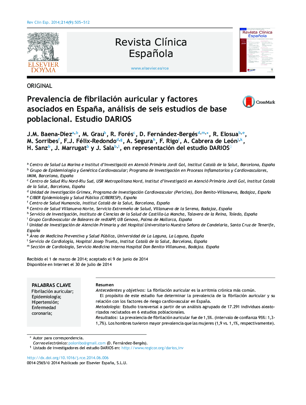 Prevalencia de fibrilación auricular y factores asociados en España, análisis de seis estudios de base poblacional. Estudio DARIOS