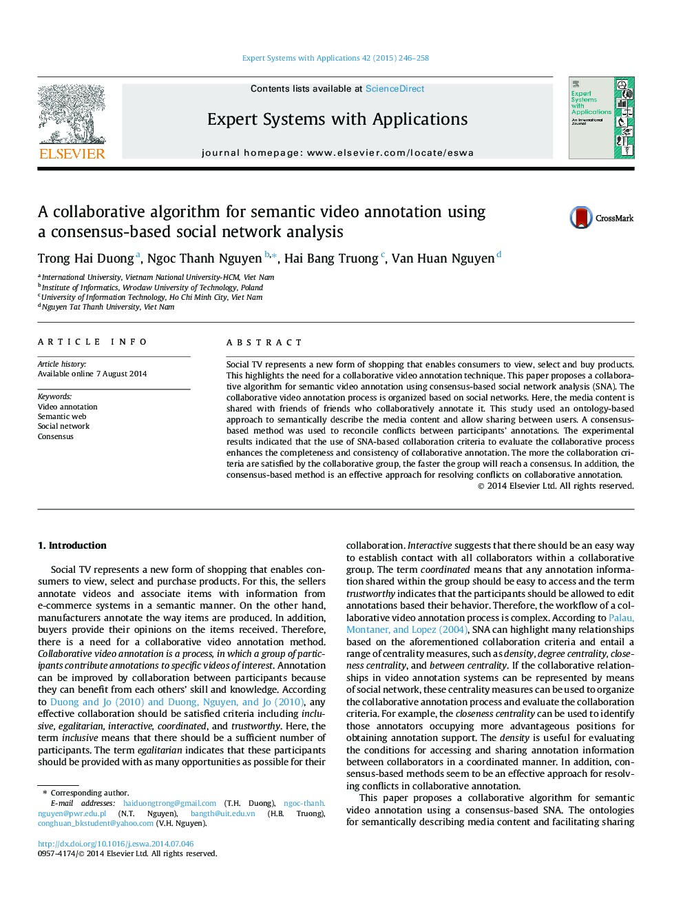 A collaborative algorithm for semantic video annotation using a consensus-based social network analysis