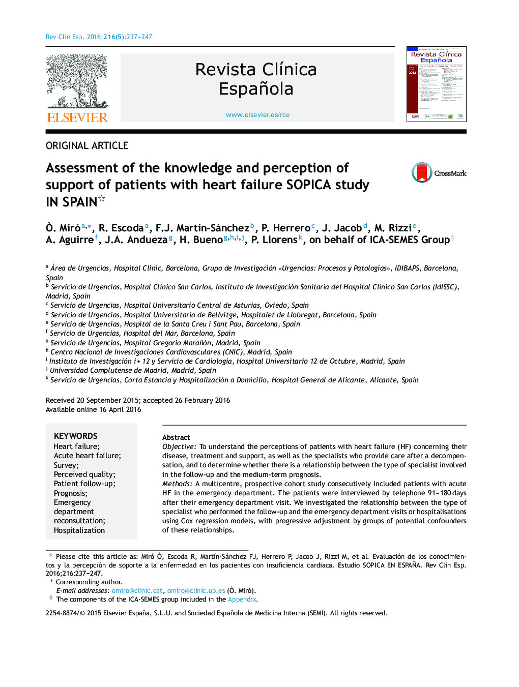 Assessment of the knowledge and perception of support of patients with heart failure SOPICA study IN SPAIN 