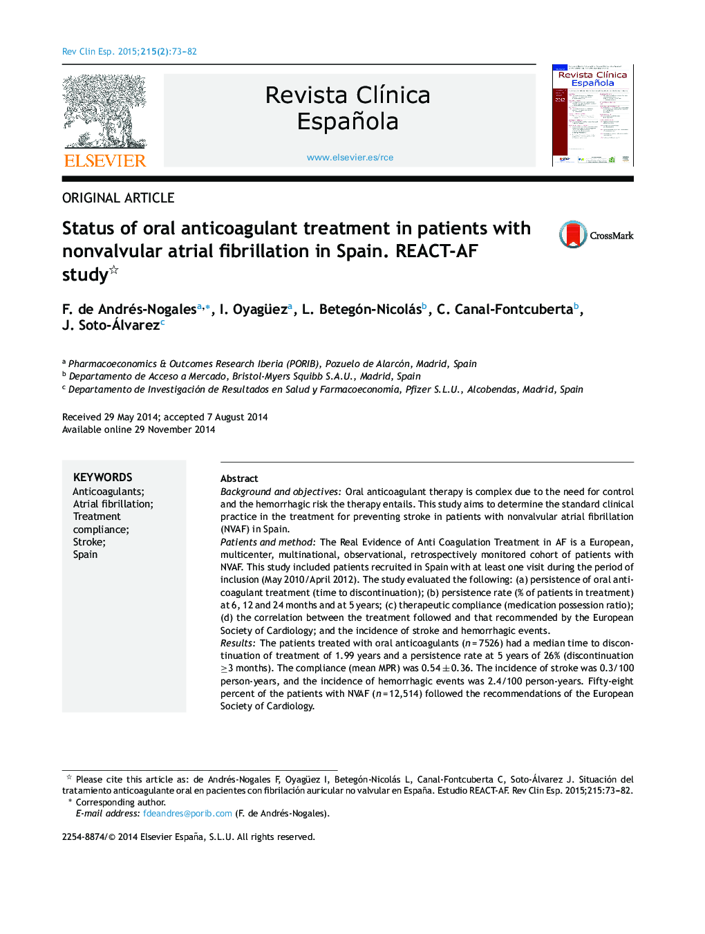 Status of oral anticoagulant treatment in patients with nonvalvular atrial fibrillation in Spain. REACT-AF study 