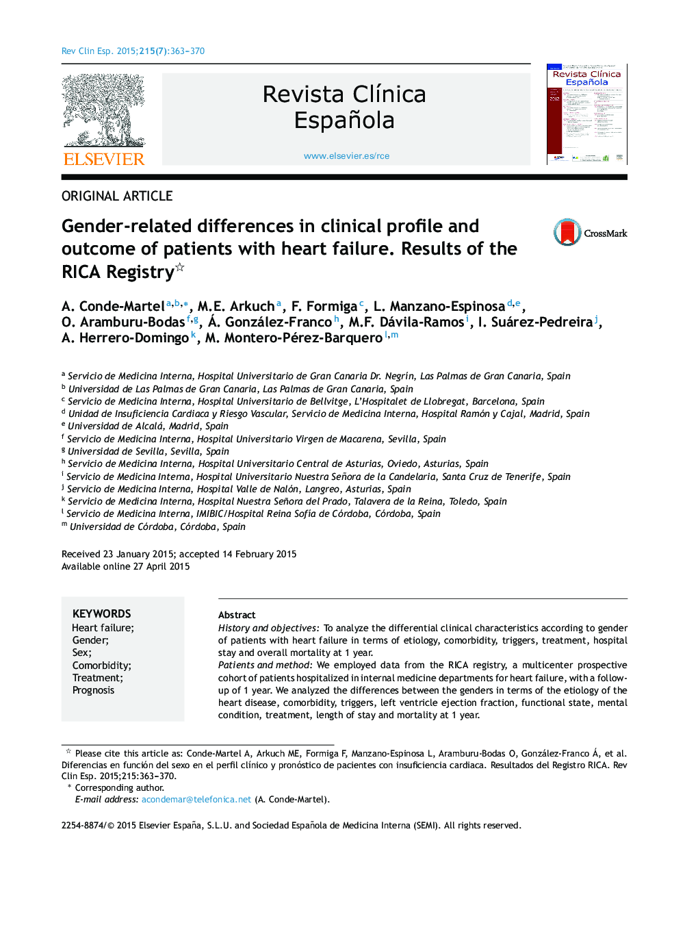 Gender-related differences in clinical profile and outcome of patients with heart failure. Results of the RICA Registry 