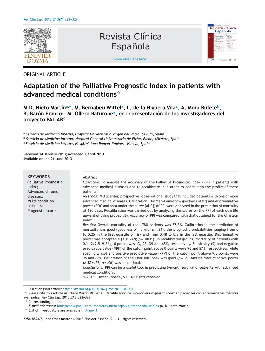 Adaptation of the Palliative Prognostic Index in patients with advanced medical conditions 