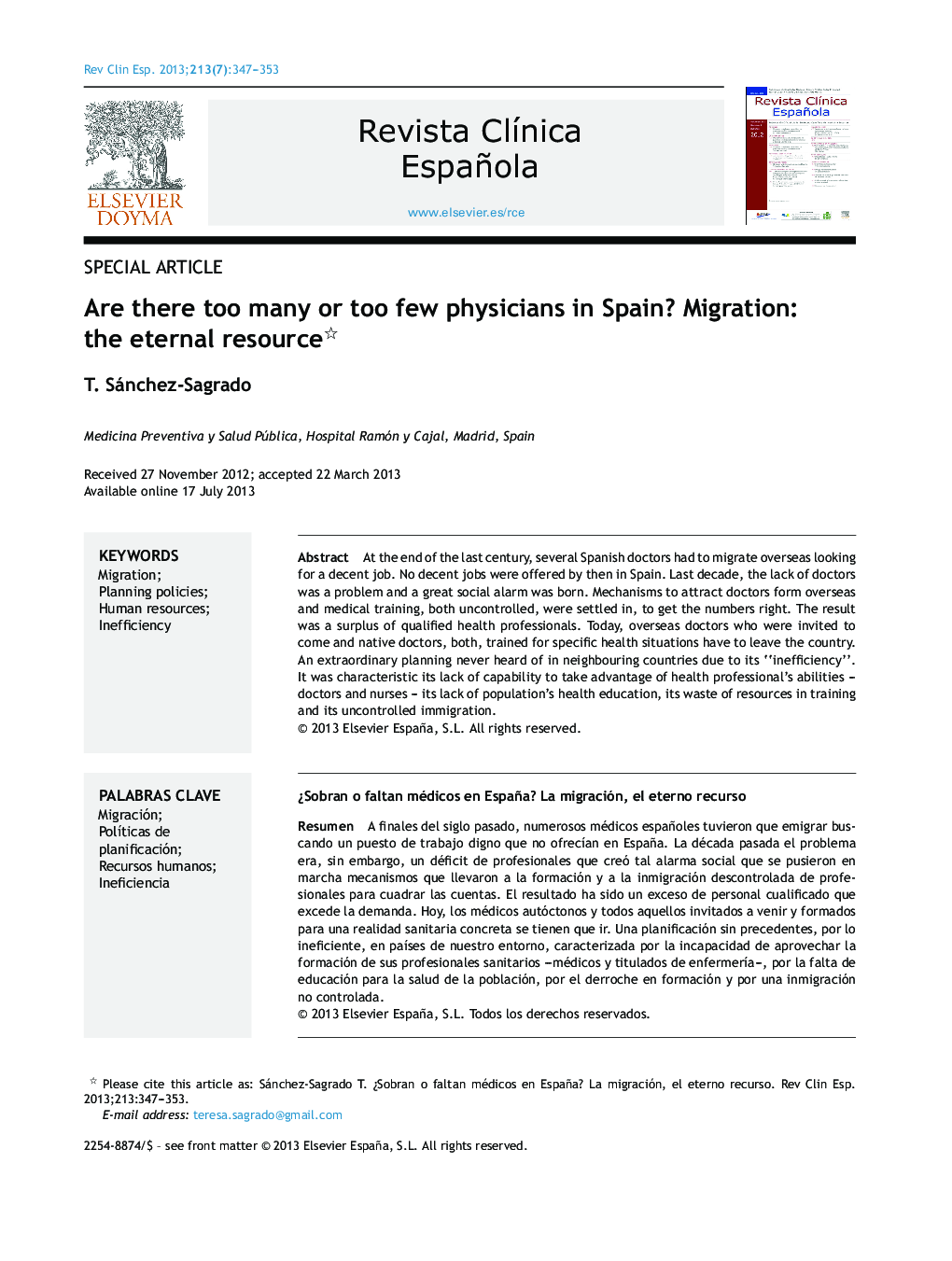 Are there too many or too few physicians in Spain? Migration: the eternal resource 