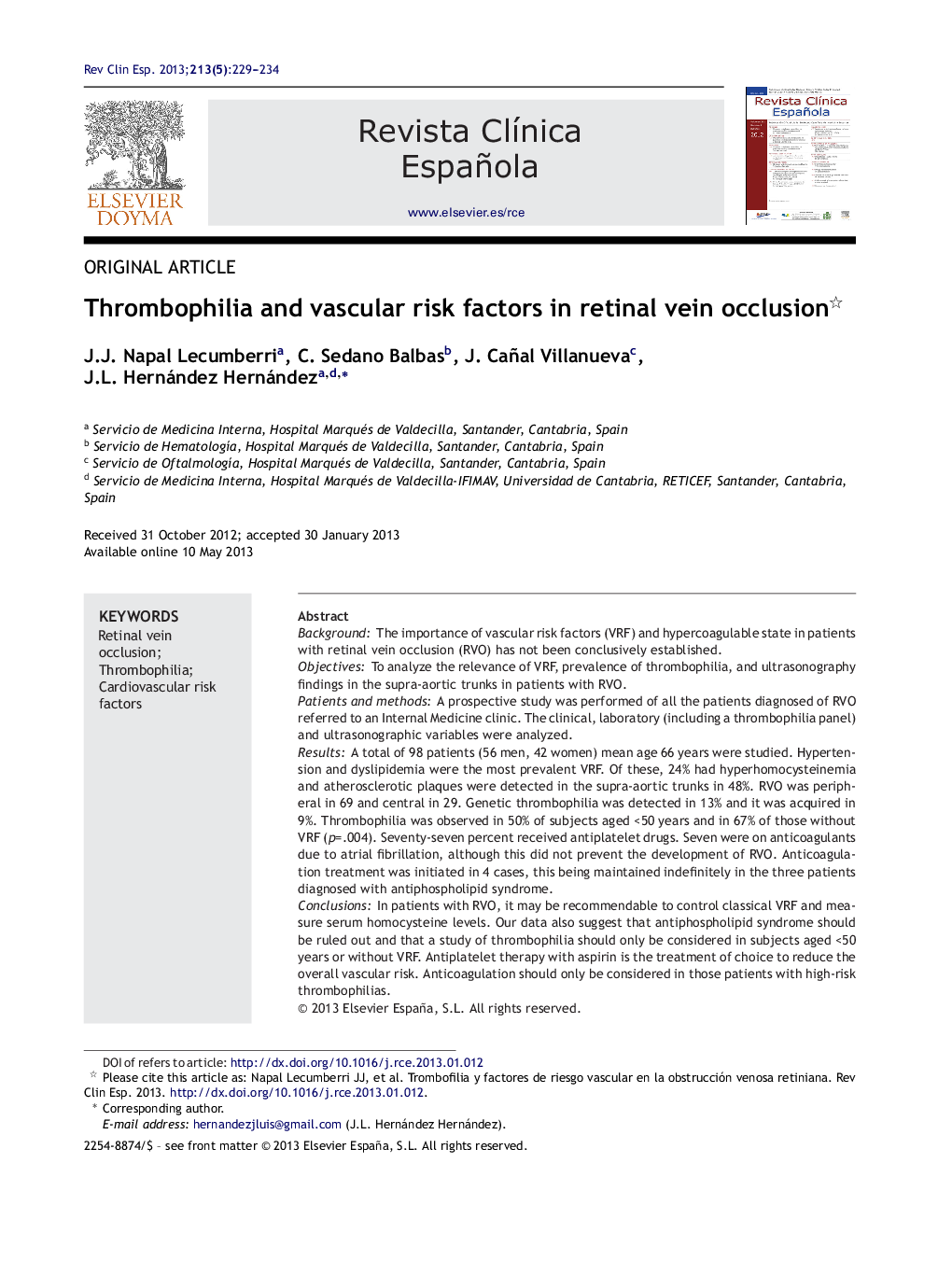 Thrombophilia and vascular risk factors in retinal vein occlusion 