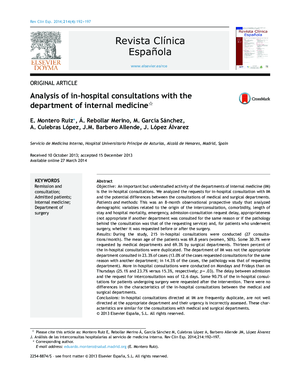 Analysis of in-hospital consultations with the department of internal medicine 