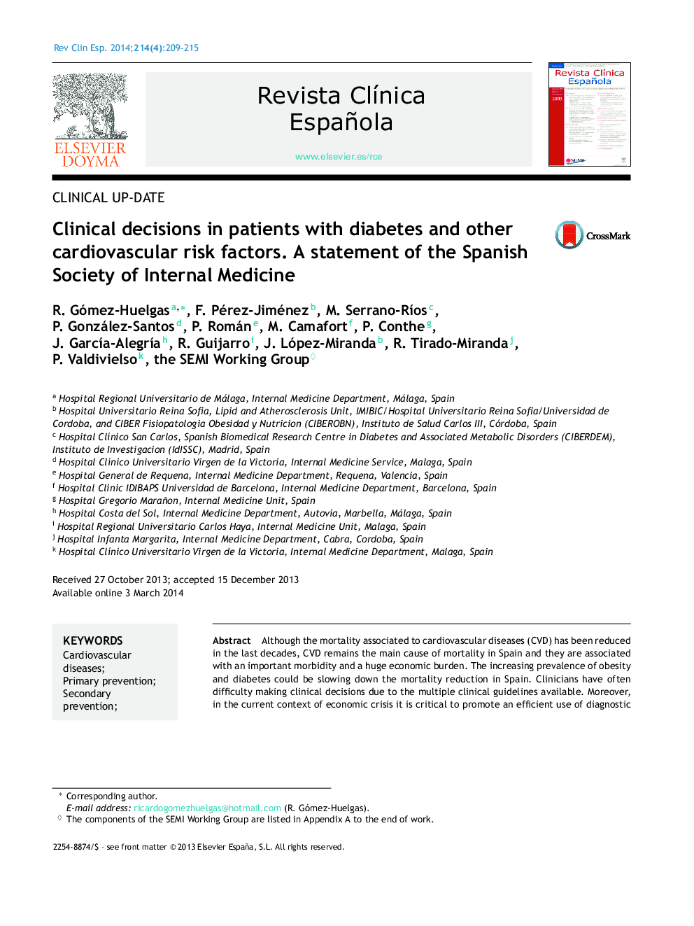 Clinical decisions in patients with diabetes and other cardiovascular risk factors. A statement of the Spanish Society of Internal Medicine