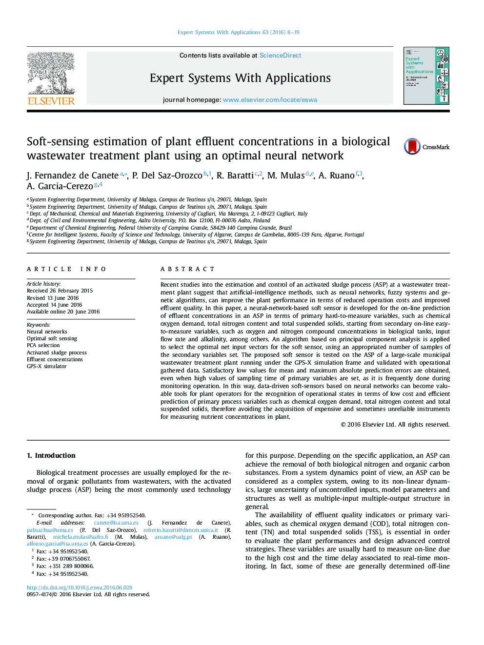 Soft-sensing estimation of plant effluent concentrations in a biological wastewater treatment plant using an optimal neural network