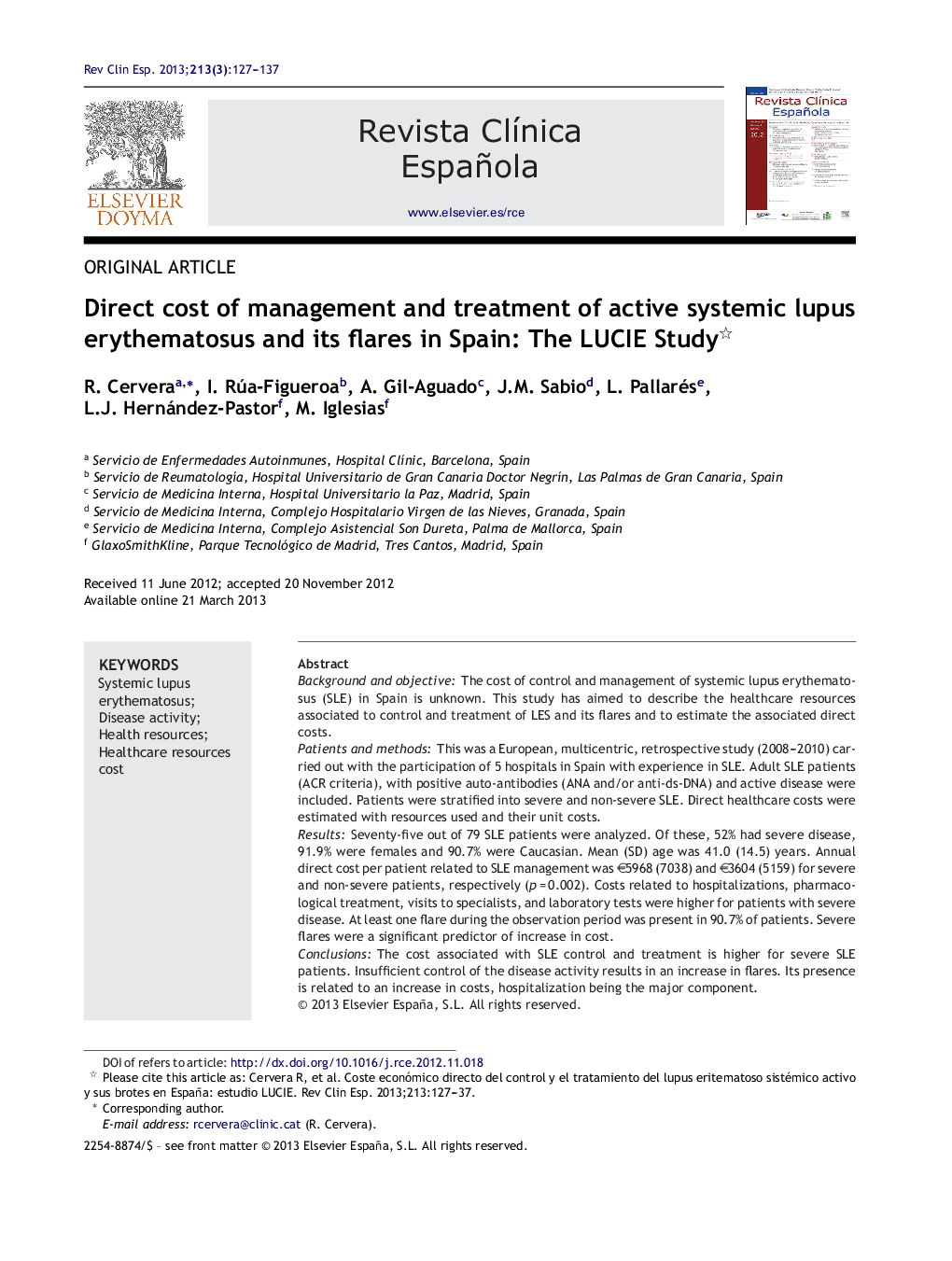 Direct cost of management and treatment of active systemic lupus erythematosus and its flares in Spain: The LUCIE Study 