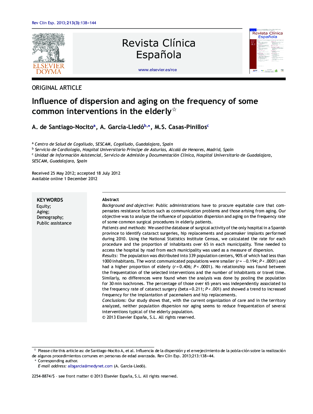 Influence of dispersion and aging on the frequency of some common interventions in the elderly 