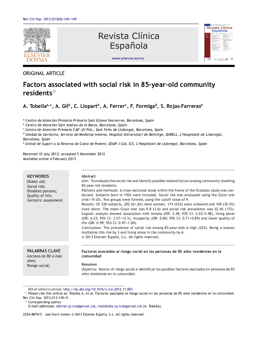 Factors associated with social risk in 85-year-old community residents 