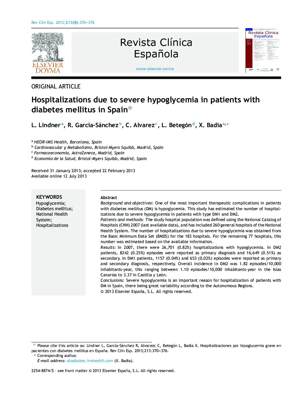 Hospitalizations due to severe hypoglycemia in patients with diabetes mellitus in Spain 