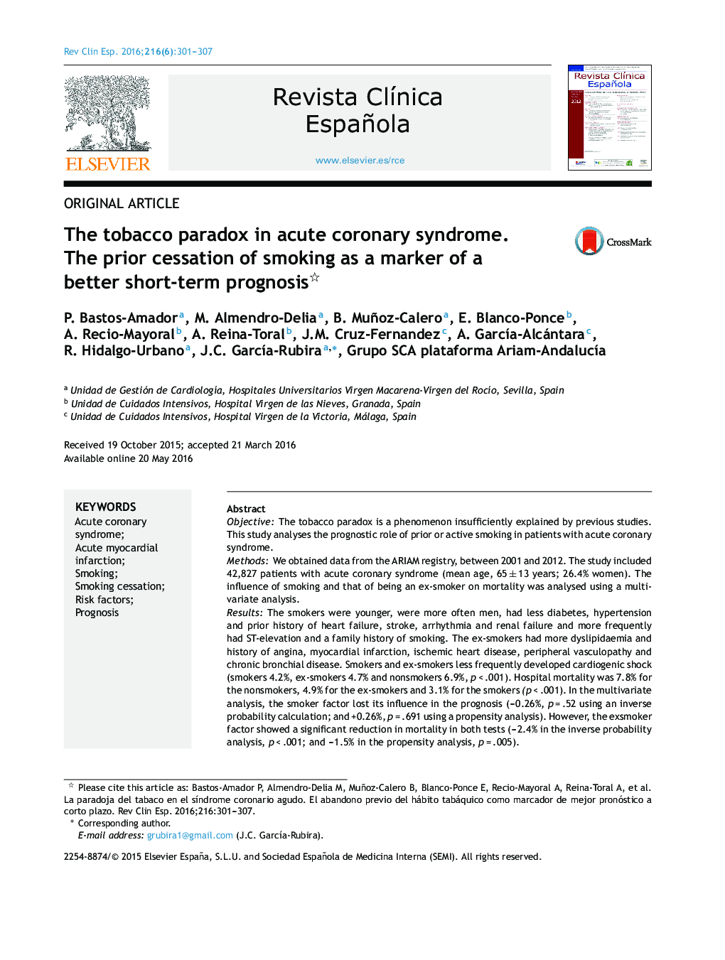 The tobacco paradox in acute coronary syndrome. The prior cessation of smoking as a marker of a better short-term prognosis 