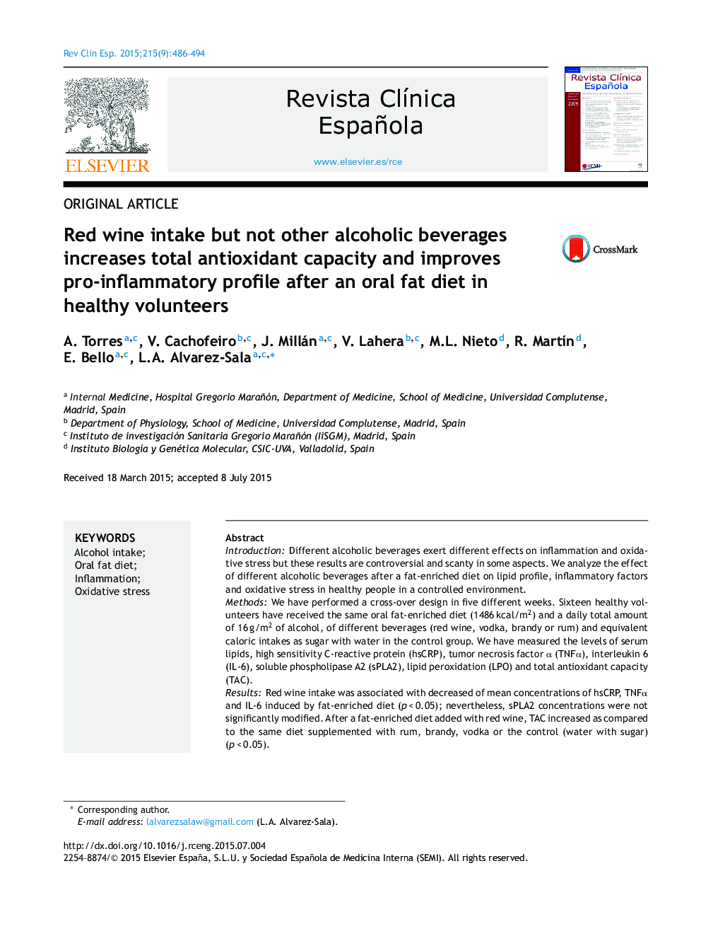 Red wine intake but not other alcoholic beverages increases total antioxidant capacity and improves pro-inflammatory profile after an oral fat diet in healthy volunteers